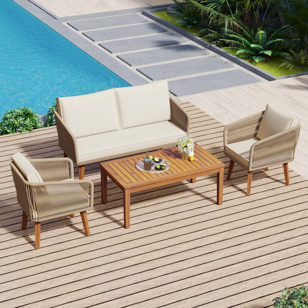 4-Piece Patio Conversation Set, Solid Wood Loveseat, 2 Chairs and Table,Outdoor Conversation Group with Cushions(Rope)