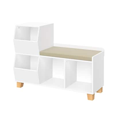 RiverRidge Kids Catch-All Cubby Storage Organizer Bench with Toy Storage Shelves and Cushioned Seat for Playroom - White