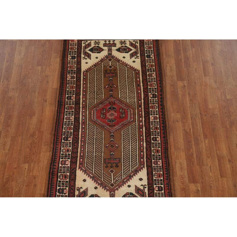 Brown Ardebil Persian Runner Rug Handmade Vintage Wool Carpet - 3'2"x 6'11"