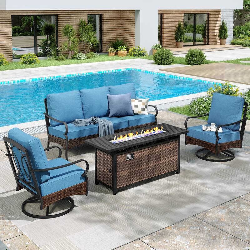 MAISON ARTS Patio Furniture Set with 56" Fire Pit Table, Deep Seating Sofa & Swivel, Rocking, and Fixed Chairs (5 Seats, Beige) - Swivel Chair - Denim Blue
