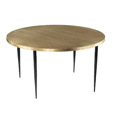 34-Inch Round Coffee Table with Black Wrought Iron Base and Bronze Wood Finish Contemporary Living Room Decor