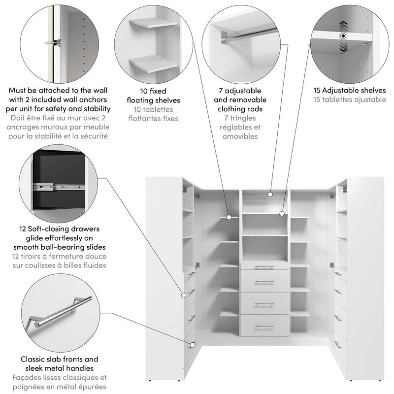 Bestar Florence 95W x 61D U Shaped Walk-In Closet System, Slab