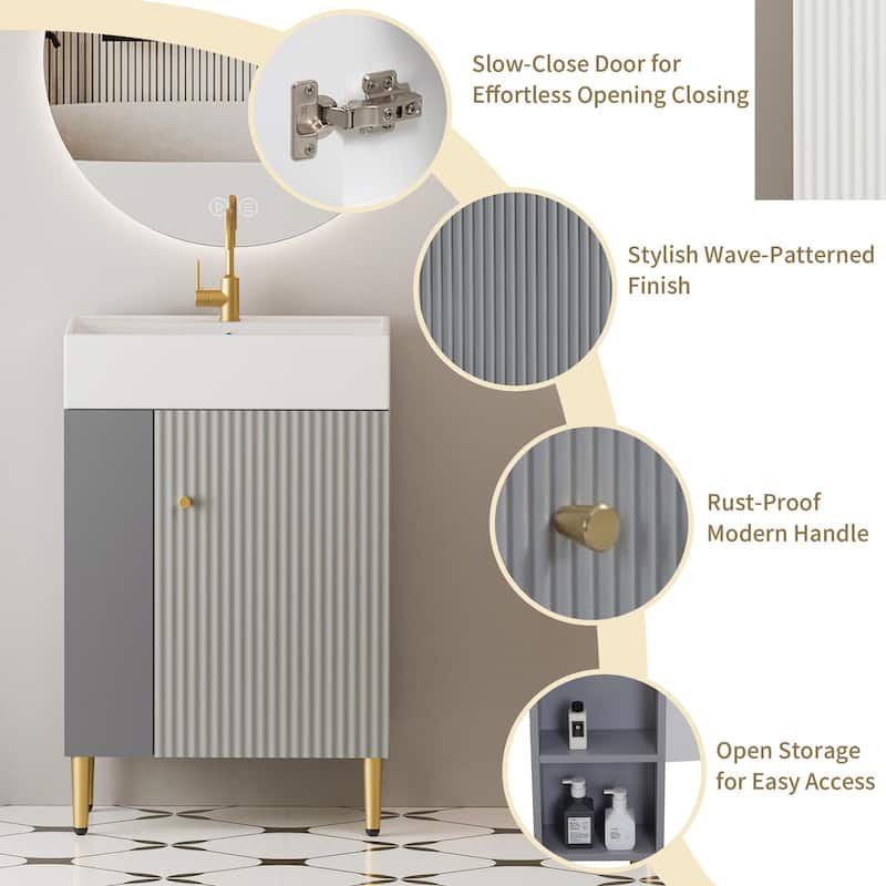 Small Bathroom Vanity with Sink, Narrow Depth Bathroom Vanities, Bathroom Cabinet with Open Side Shelves & Soft Closing Door