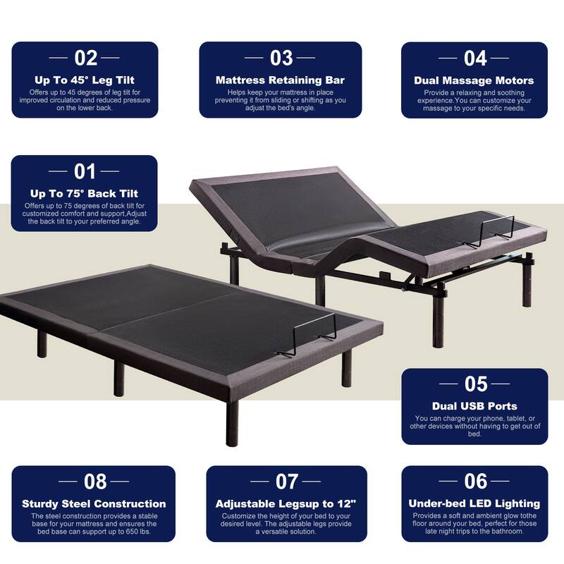 Adjustable Bed Frame for Storage Beds, Zero G, USB Charging Station, Wireless Remote Head and Foot Incline