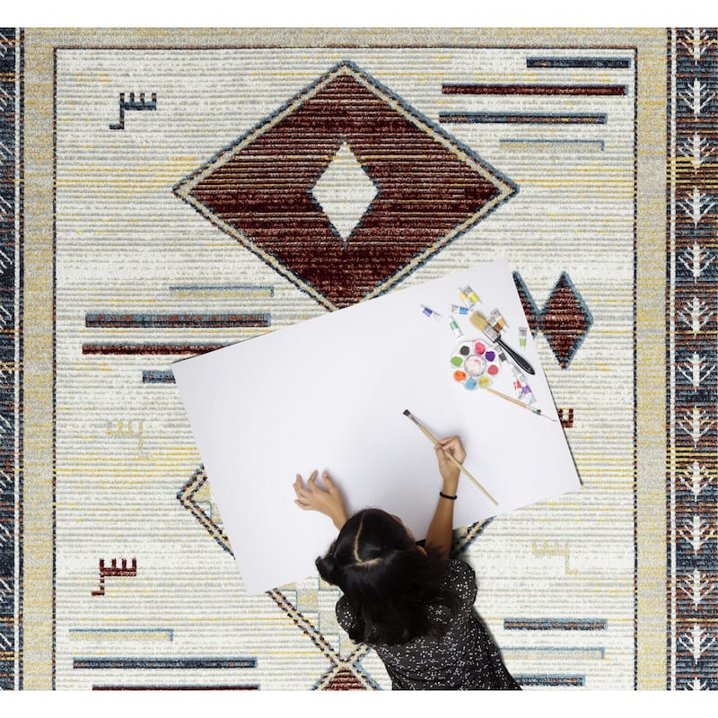 Everwash Treasure Southwestern Geometric Machine Washable Area Rug, Beige/Blue
