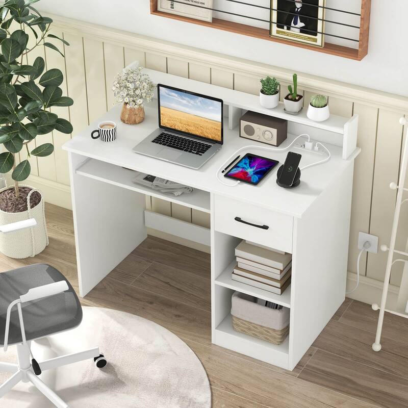 Costway White Computer Desk with Charging Station Drawer Removable & - See Details