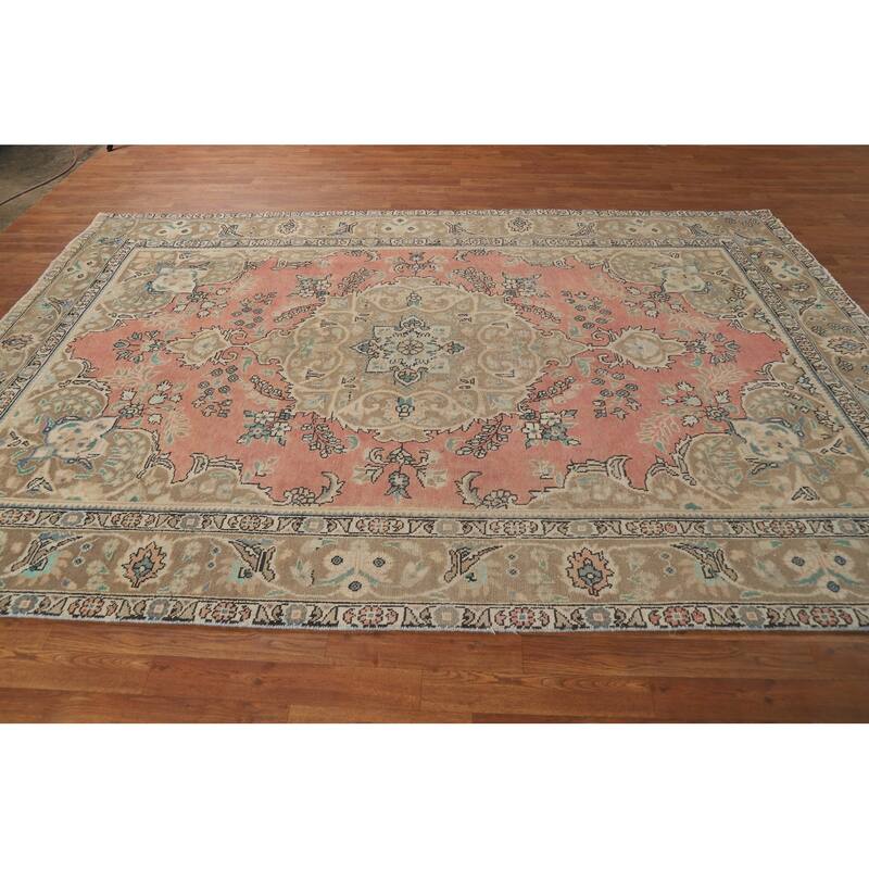 Pink Floral Tabriz Persian Area Rug Hand-Knotted Wool Carpet - 6'5"x 9'11"