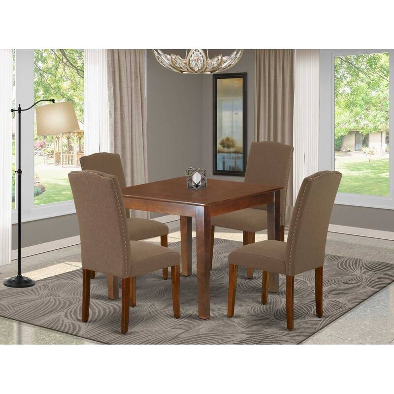 HomeStock 5-Piece Square Mahogany Finish Solid Wood Top Dining Table with 4-Parson Chair