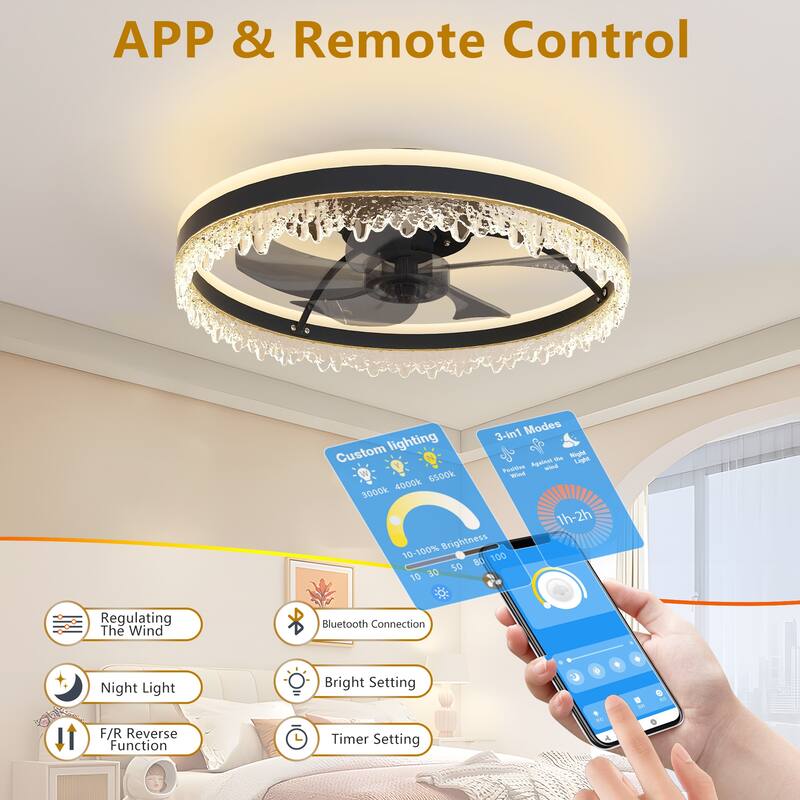 LunaDrift 16"20"24" Modern Black Crystal Smart Flush Mount Ceiling Fan with Light, Dimmable Bedroom Ceiling Fan w/Remote