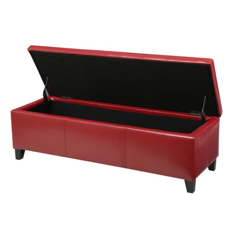 Elias Storage Ottoman Bench, 51 Inch Plush Cherry Red Faux Leather
