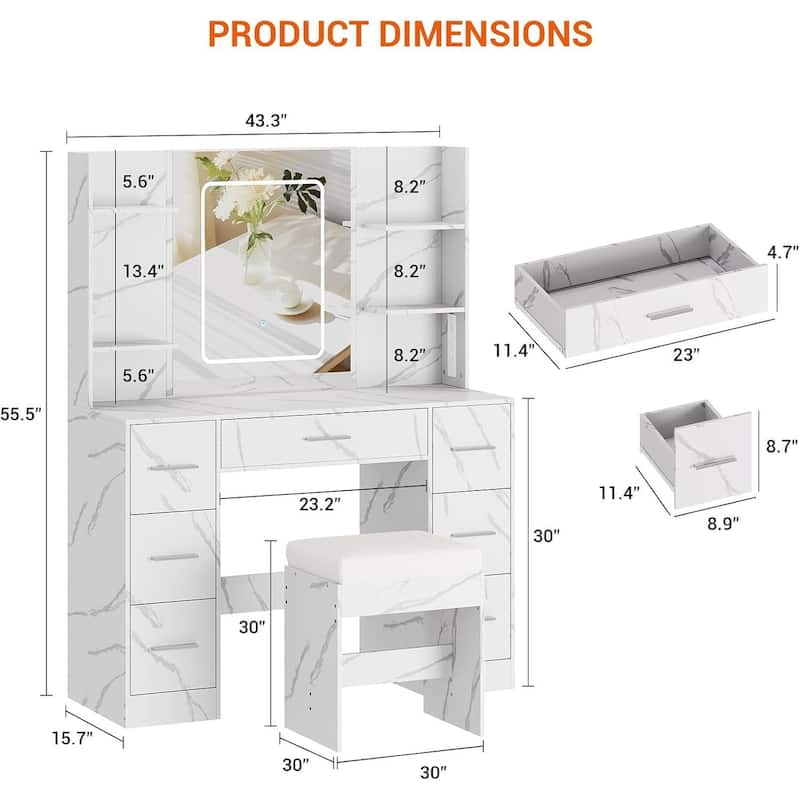 7 Drawers Vanity Desk, Makeup Vanity Table with Touch LED Light Mirror