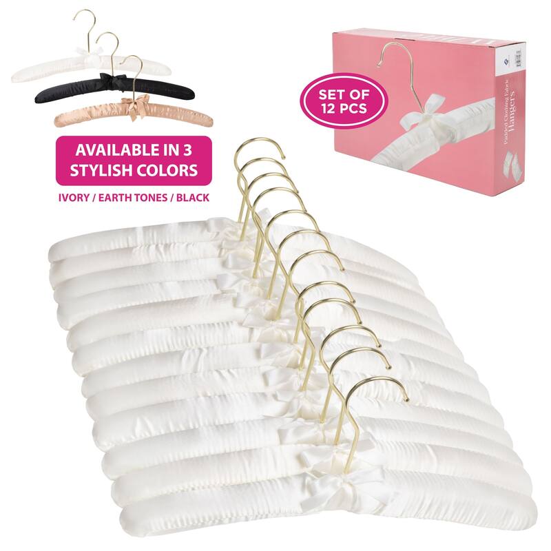 Premium Heavy Duty Thick Satin Padded Hangers Anti Slip - Ivory, Set of 12