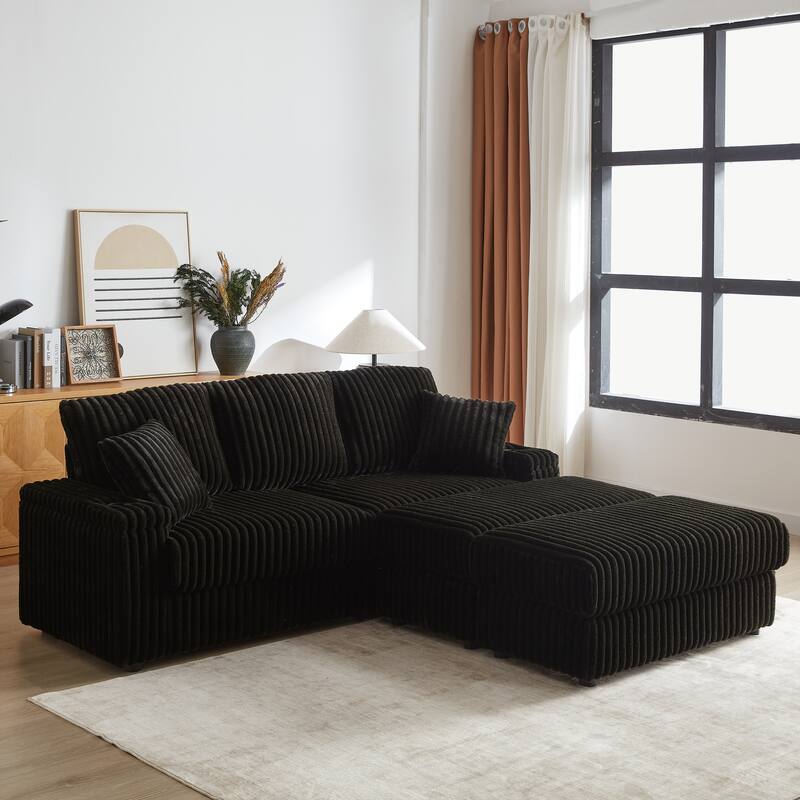 Deep Seat Sectional Loveseat Set with 2 Ottoman and 2 Pillows, Corduroy Chaise Lounge Bed with 2 Storage Spaces and Cupholding