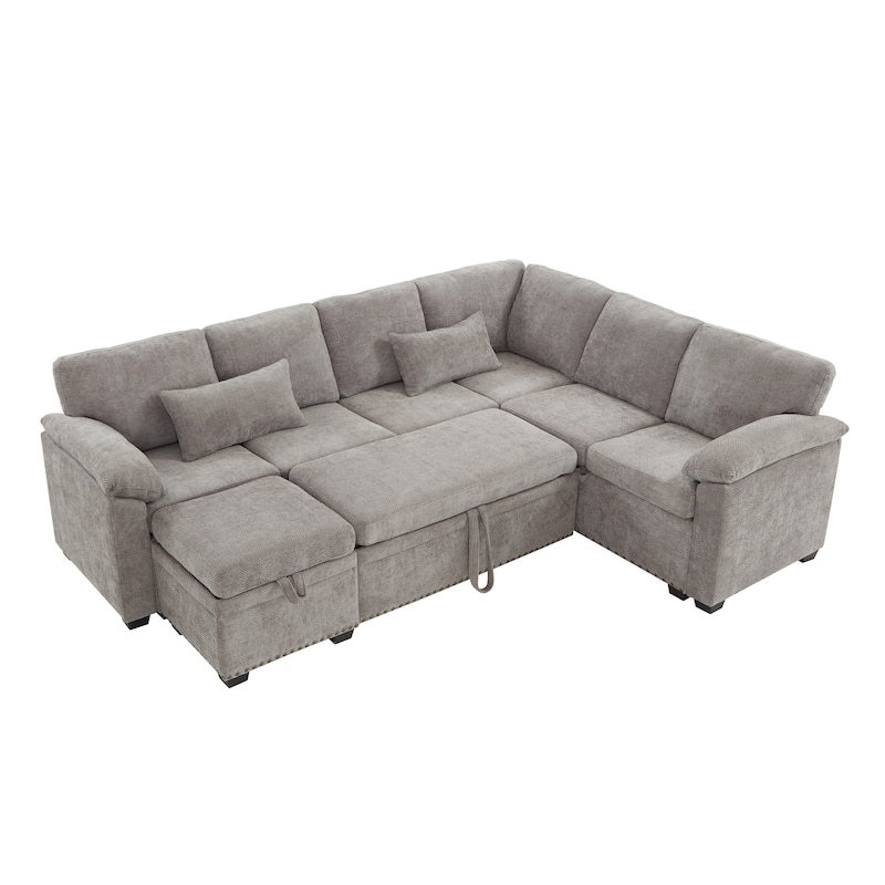 L-Shaped Chenille Sectional Sofa with Pull-Out Bed, Upholstered Convertible 7-Seater Sofa with Storage Ottoman & 2 Pillows