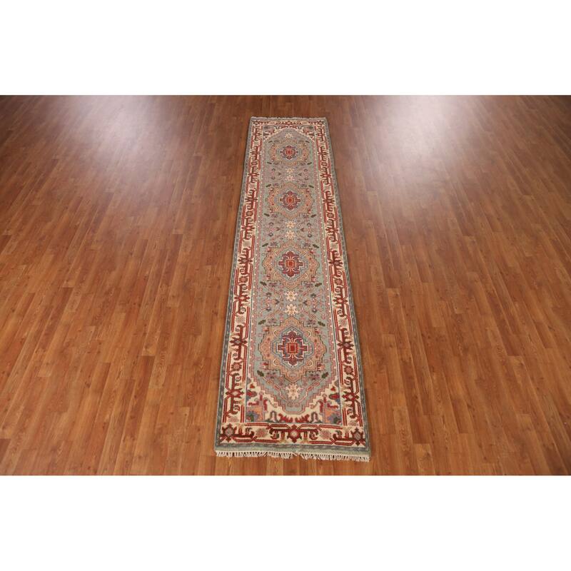 Geometric Heriz Serapi Indian Runner Rug Handmade Blue Wool Carpet - 2'7" x 10'5"