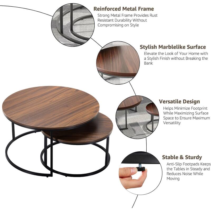 Nesting Coffee Tables, Round Nesting Tables Set of 2, End Tables for Living Room, Circle Coffee Tables, Side Tables