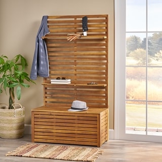 Roomfitters Outdoor Storage Bench with Back Rack, Solid Wood Patio Deck Box with Shelves for Garden or Porch, Teak