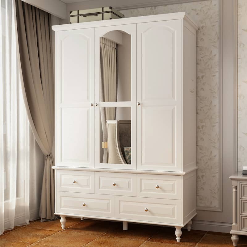 3-Door Wardrobe Armoire with Mirror, 70.9" Tall Freestanding Closet Cabinet Storage Wardrobe for Bedroom - White