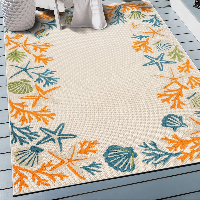 World Rug Gallery Indoor/Outdoor High-Low Textured Area Rug, Coastal Border Easy-Clean Patio Rug - 4' x 6' - Multi