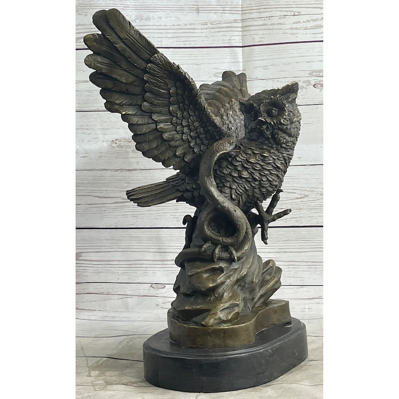 Owl And Imitative Snake Bronze Statue Sculpture On Marble Base 15 Inches X 12 Inches
