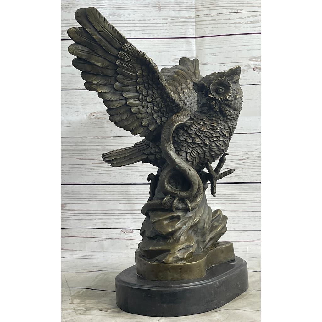 Owl And Imitative Snake Bronze Statue Sculpture On Marble Base 15 Inches X 12 Inches
