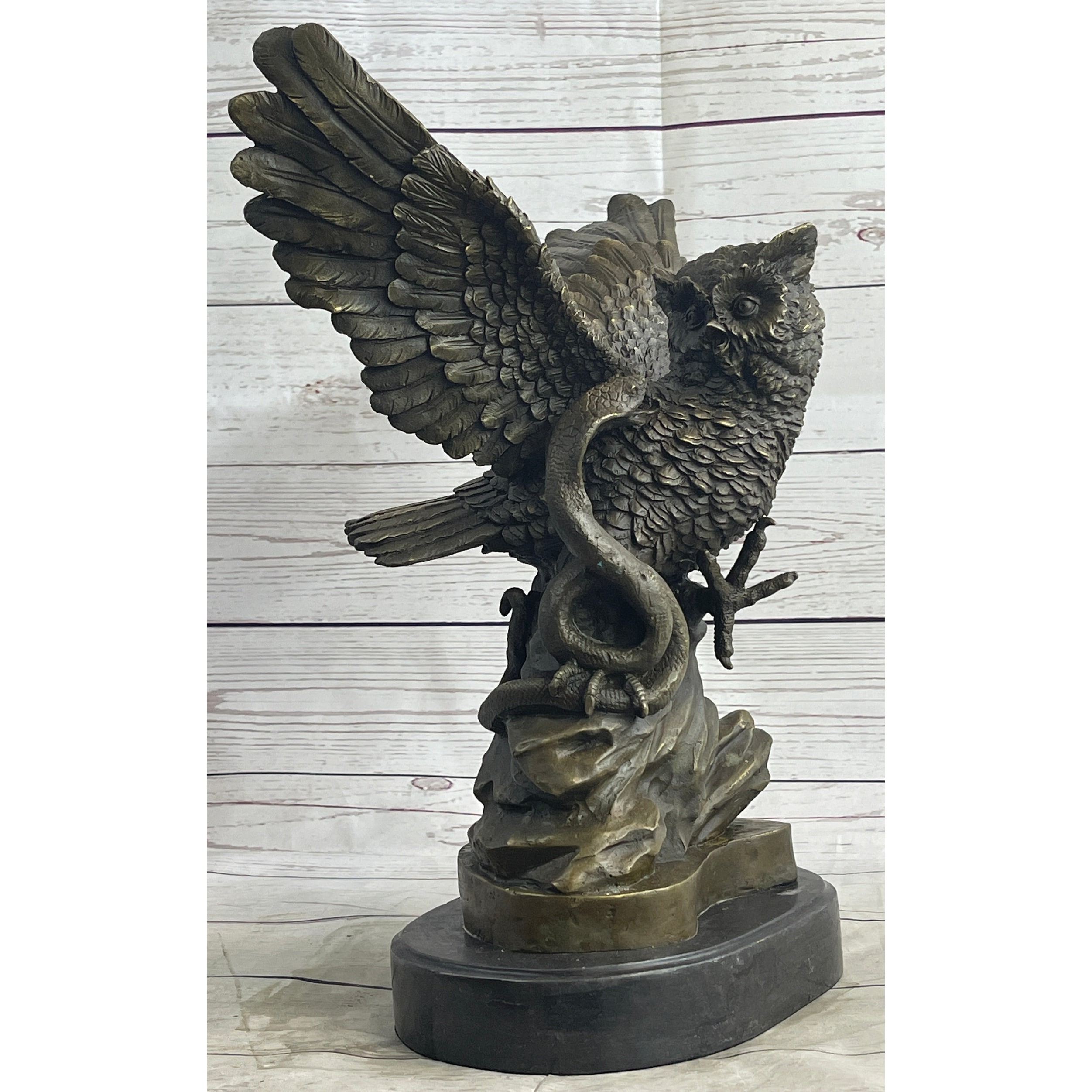 Owl And Snake Bronze Statue Sculpture On Marble Base 15 Inches X 12 Inches
