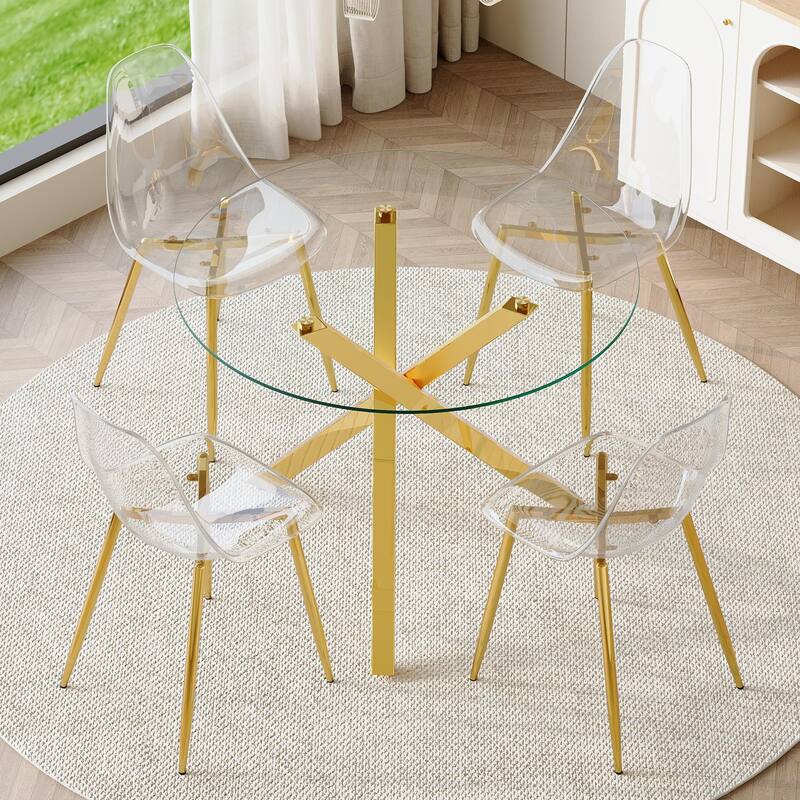 Set of 5 Piece Round Glass Dining Table and 4 Transparent Plastic Chairs X Shaped Metal Base - Gold,Transparent