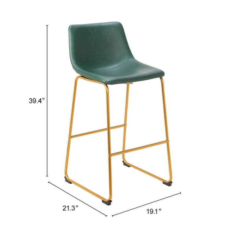 Green Faux Leather Bar Stools Set of 2 Gold Powder-Coated Frame 28.5" High Seating for Home Bar - 39.4”H x 19.7”W x 21.3”D
