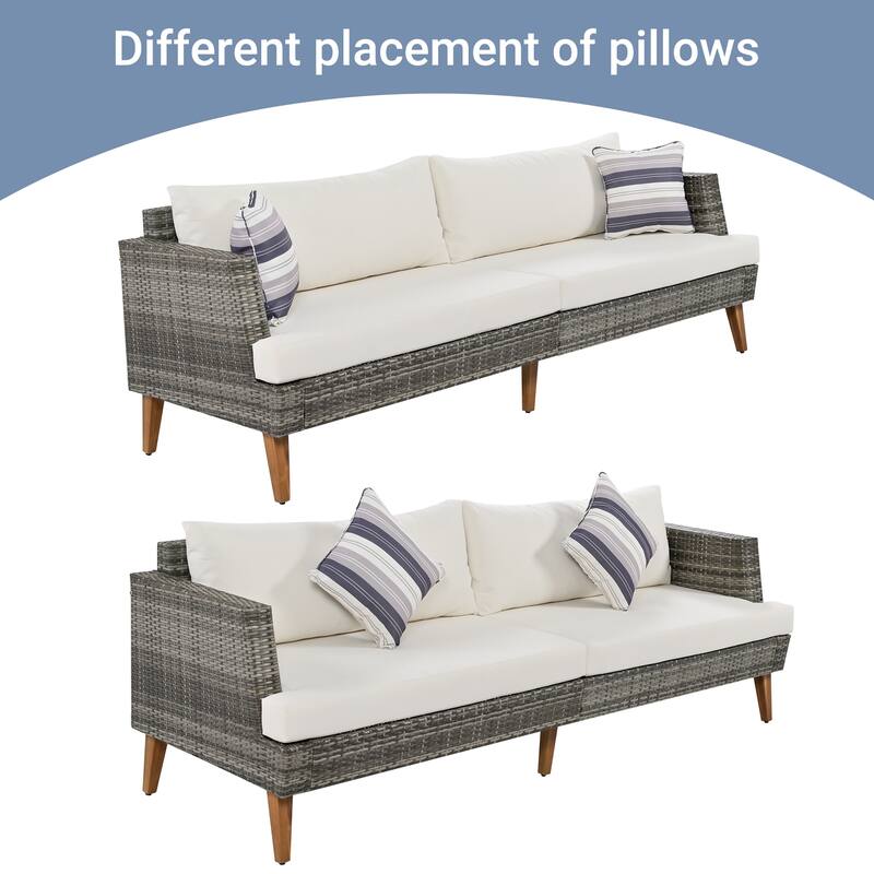 All-Weather PE Wicker Sofa Set with Double Cushions & Wood Legs, 6-Piece Outdoor Rattan Sectional
