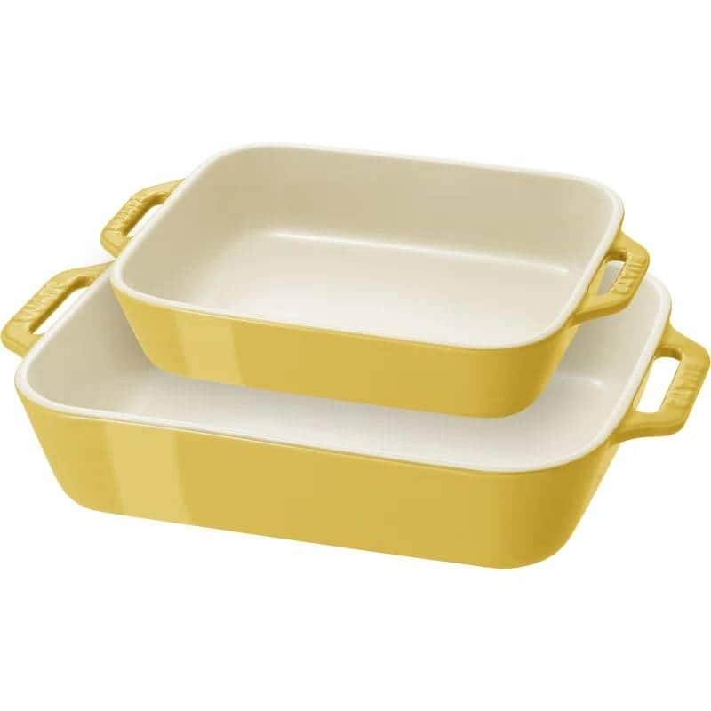2 Piece Ceramic Stoneware Casserole Dish Set Non-Stick Rectangular Baking Dishes Oven Safe - Yellow, Ivory