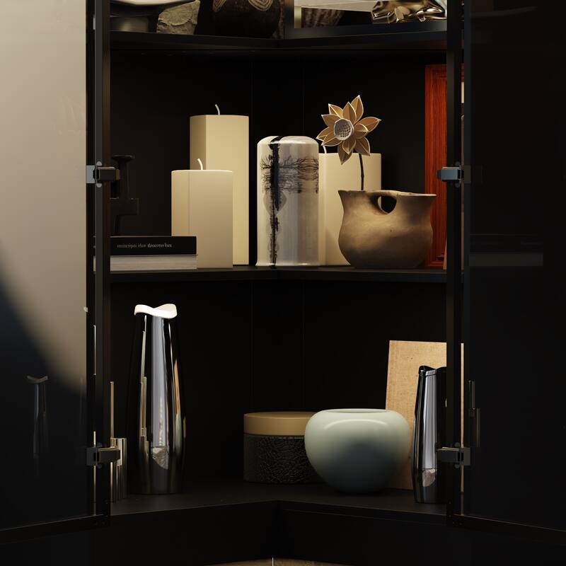 Black Glass Door Corner and Standard Cabinet Set with Lights Strips