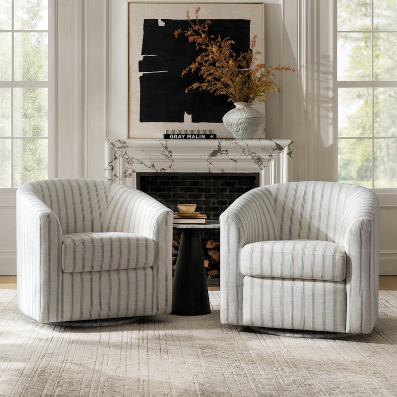 Cuenca Modern Living Room Wooden Upholstered 360° Swivel Barrel Chair with Metal Base and Wide Backrest