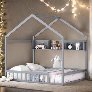 Wooden Full Size House Bed with Roof and Storage Shelf, Kids Bed with Fence