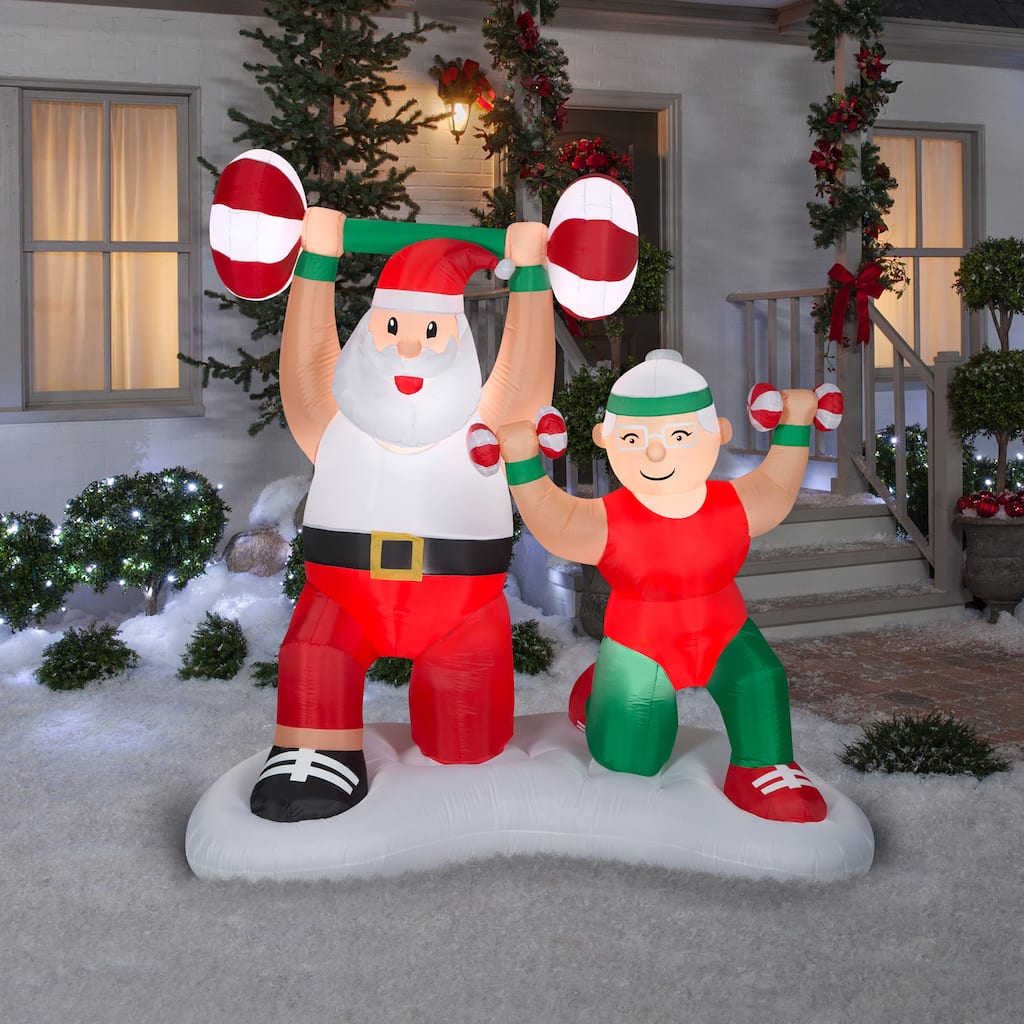 Gemmy Christmas Inflatable Santa and Mrs. Claus Workout Scene, 6.5 ft Tall