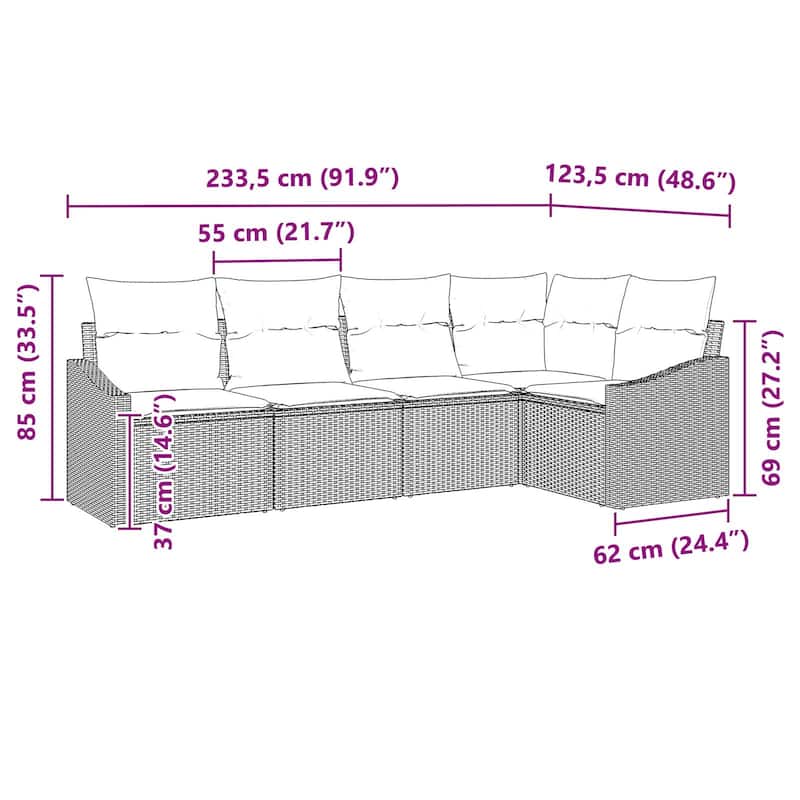 vidaXL 6 Garden Sofa Set with Cushions Black Poly Rattan - 91.9 x 48.6 x 27.2
