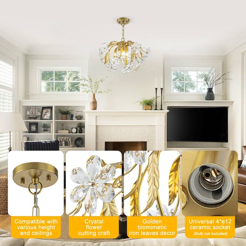 Brushed Gold 4-Light Branch Chandelier with Crystal Floral Accents - Dia.17.72-in