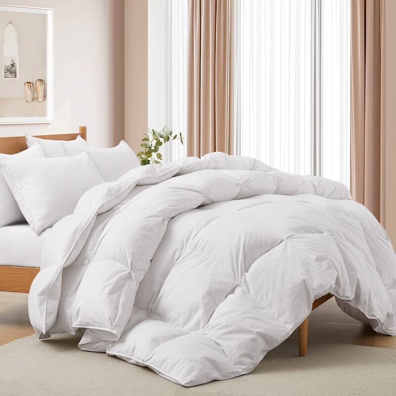 All Season 100% Cotton White Goose Feather Down Comforter with Pinch Pleat Design