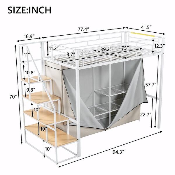 dimension image slide 2 of 4, Metal Loft Bed with Wardrobe and Storage Shelves
