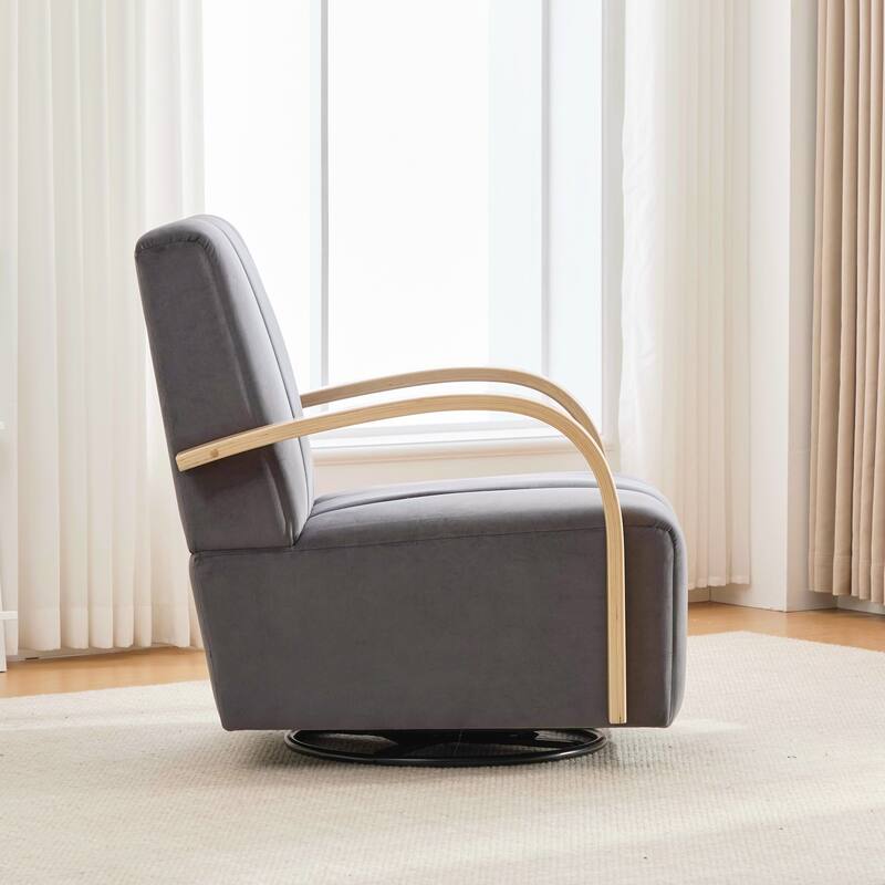 Modern Upholstered 360° Swivel Accent Chair with Solid Wood Armrests and Comfy Lounge Reading Chair, Single Sofa Armchair