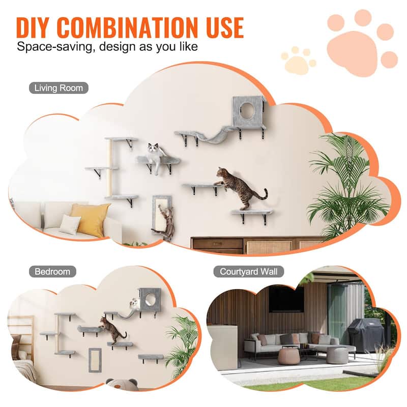 Natural Particle Board Cat Wall Set with Hammock, Sofa & Tree