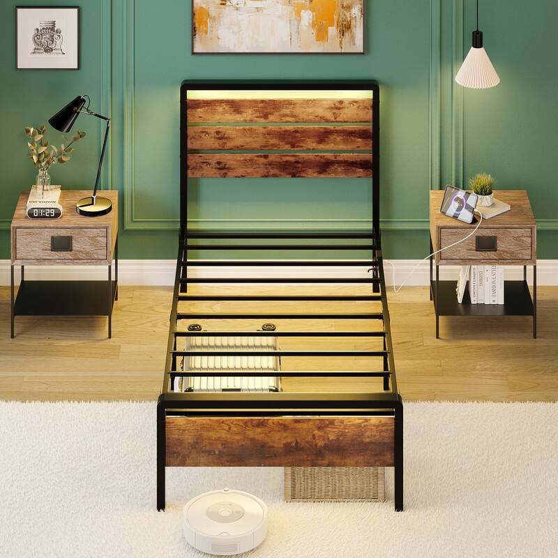 Bed Frame with LED Light and Charging Station, Metal Platform Bed with Wood Headboard