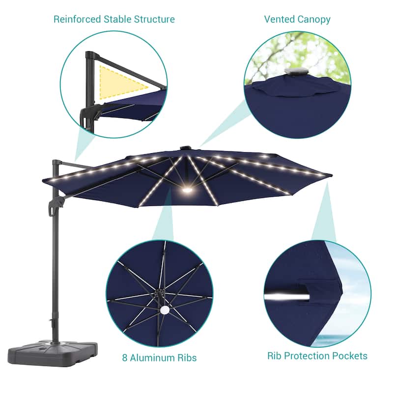 11FT Solar LED Patio Cantilever Umbrella With Resin Base by Bonosuki