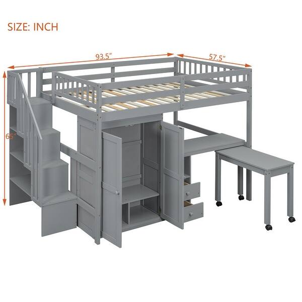 dimension image slide 2 of 3, Full Size Multifunctional Loft Bed with Wardrobe With Shelves,A Side Desk With 2 Drawers,A Movable Table