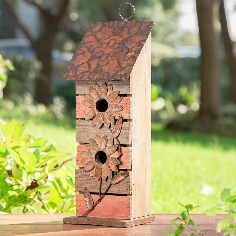 Glitzhome 14.5"H Two-Tiered Distressed Solid Wood Cottage Birdhouse with Flowers - 14.5"
