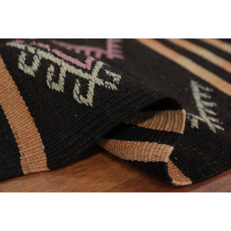 Hand Woven Oriental 100% Wool Carpet Southwestern Tribal Black Kilim Runner Rug - 11' 9'' X 3' 2''