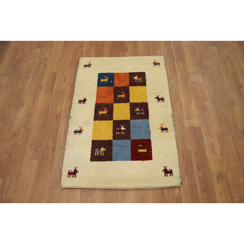 Hand Knotted Oriental 100% Wool Carpet Tribal Animal Pictorial Beige & Ivories Gabbeh Area Rug - 3' 1'' X 2' 0''