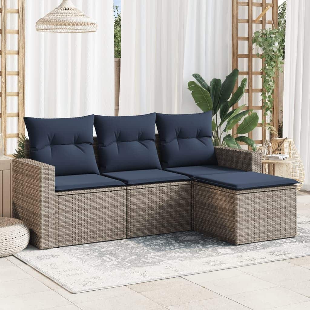 vidaXL Patio Sofa Set with Cushions Outdoor Conversation Furniture Poly Rattan - 25.8" x 24.4" x 27.2"