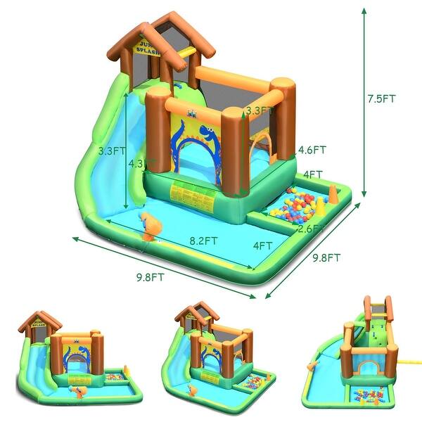 dimension image slide 1 of 2, Inflatable Waterslide Bounce House Climbing Wall Ball Pit with Blower - Green, Yellow and Blue - 145" x 120" x 91" (L x W x H)