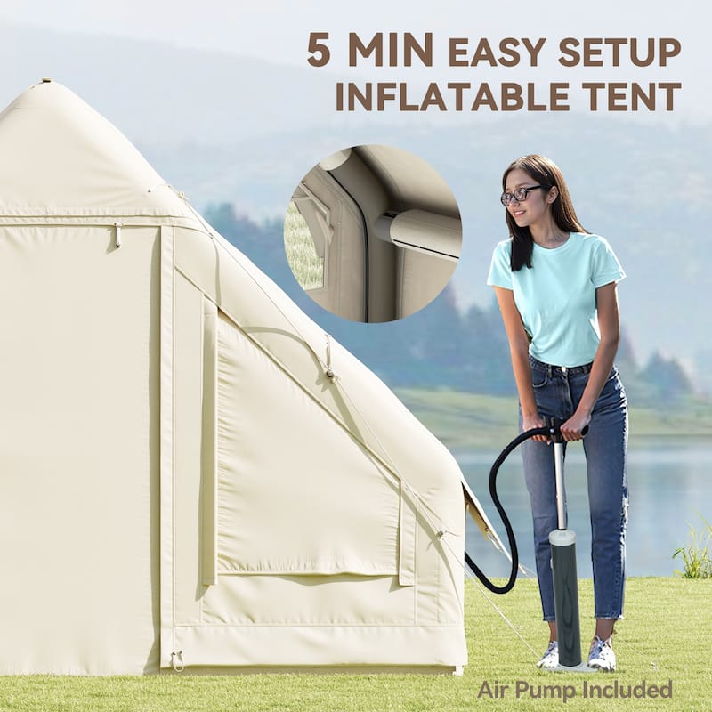 Sand Oxford Fabric Inflatable Camping Tent with Pump and Carry Bag - 118.1" L x 78.7" W x 78.7" H