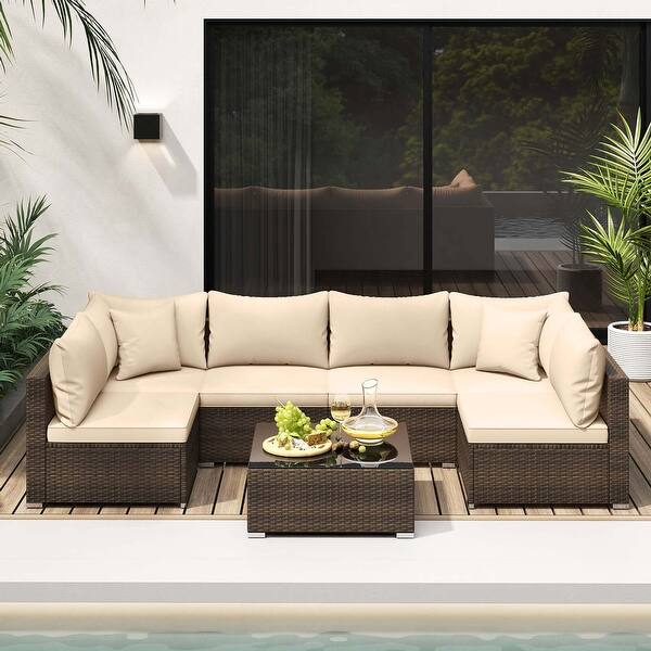 7 PCS Patio Rattan Furniture Set Outdoor Conversation Set w/ Cushions